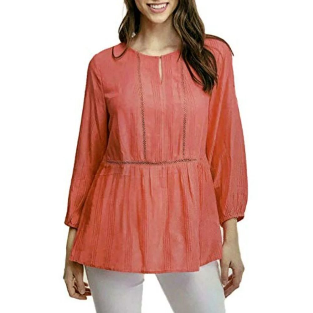 fever Coral Stripe Crochet Keyhole Boho Top in Size XL